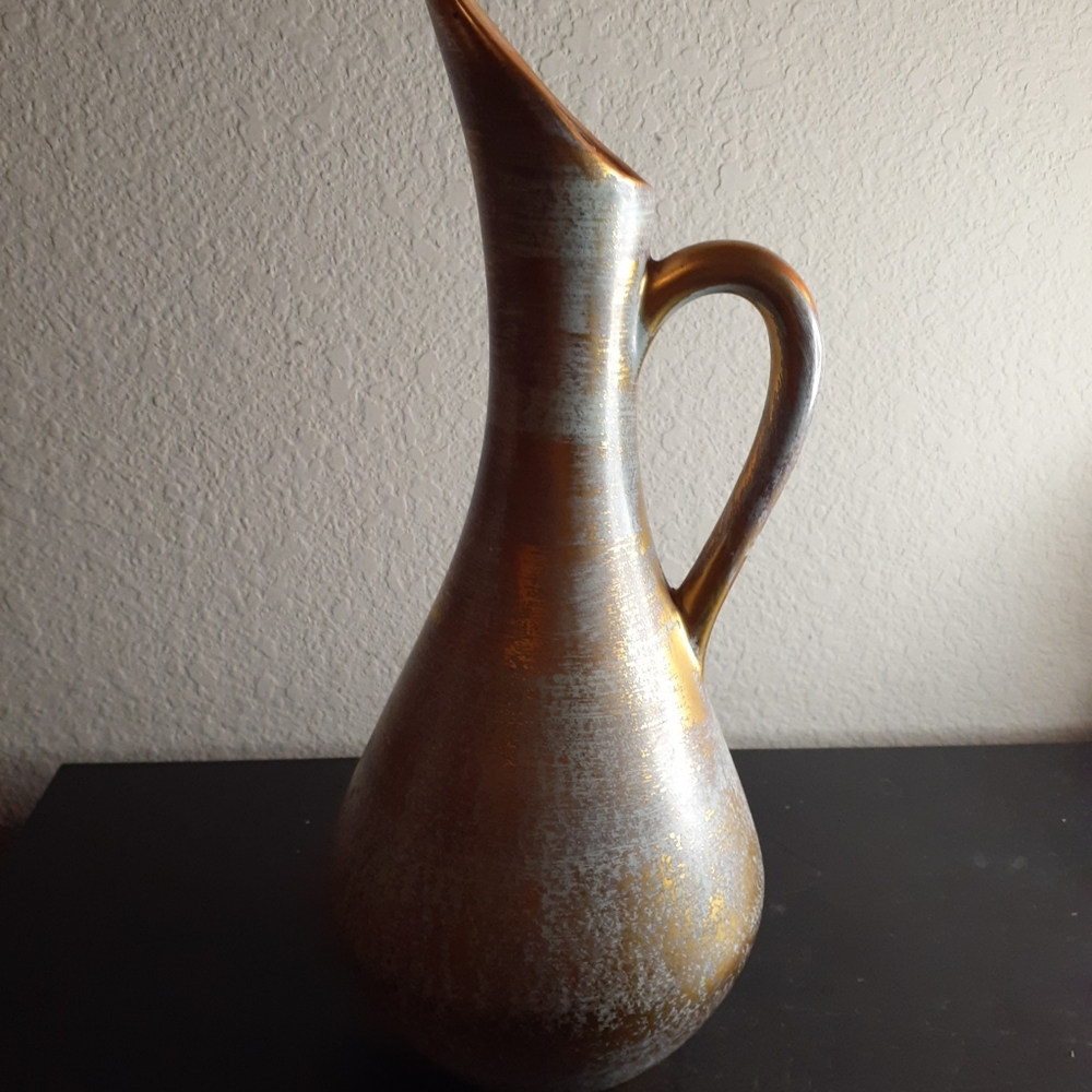 EXQUISITE VTG Stangl Pottery Teal & Gold 12" Pitcher Ewer.